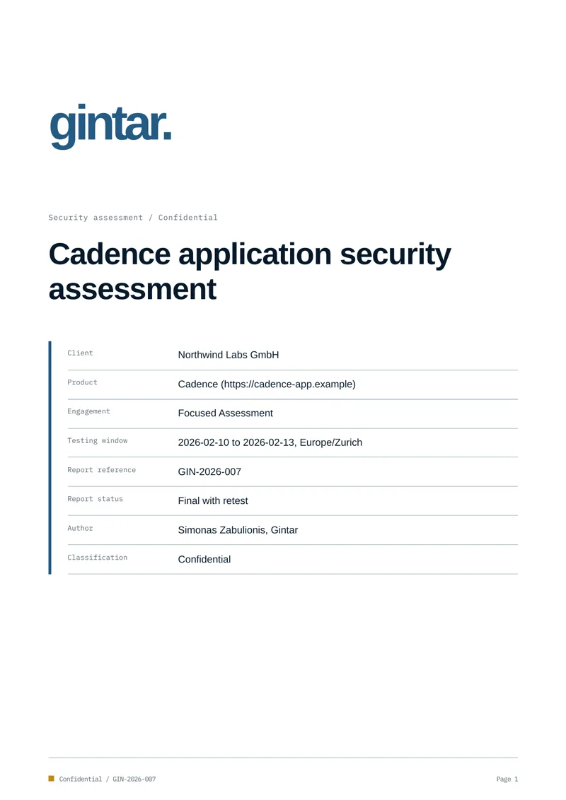 Report cover introducing the security assessment document.