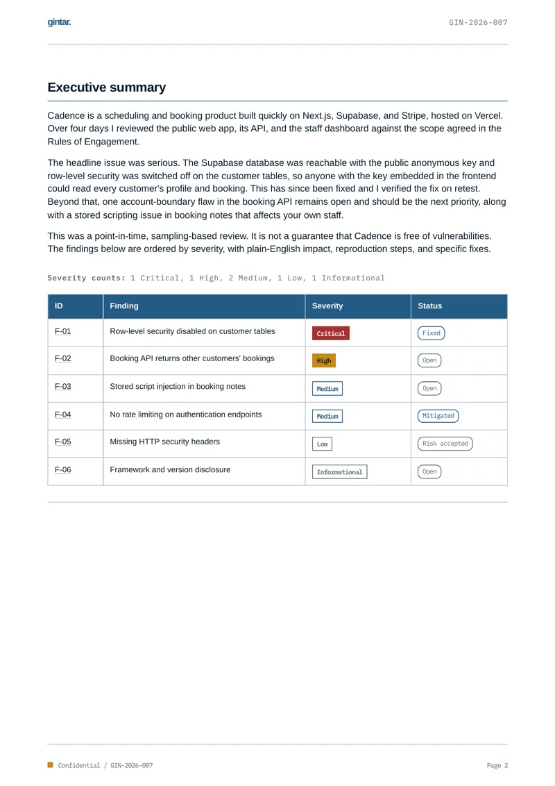 Executive summary explaining the main risks and remediation priorities.